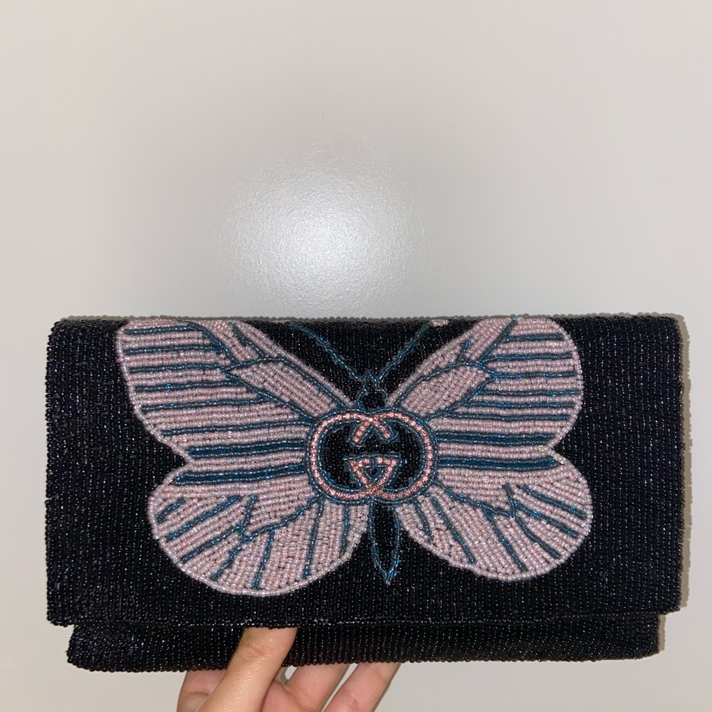NEW GG Butterfly Clutch Crossbody chain strap Black Beaded Clutch Pink Design